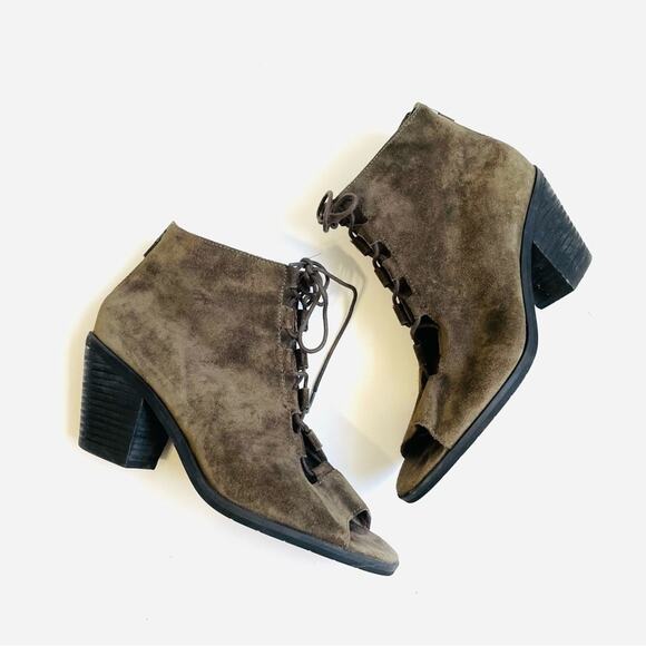 Eileen Fisher Taupe Suede Leather Lace Up Open Toes Block Heel Bootie 8.5 - Picture 5 of 8